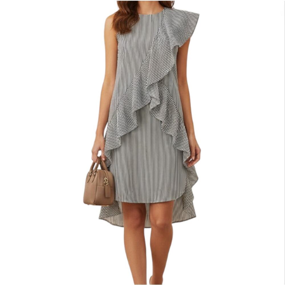 GOEN.J Ruffle Stripe Dress Sz 4 Black/White Versatile Office Coastal Resort Y2K